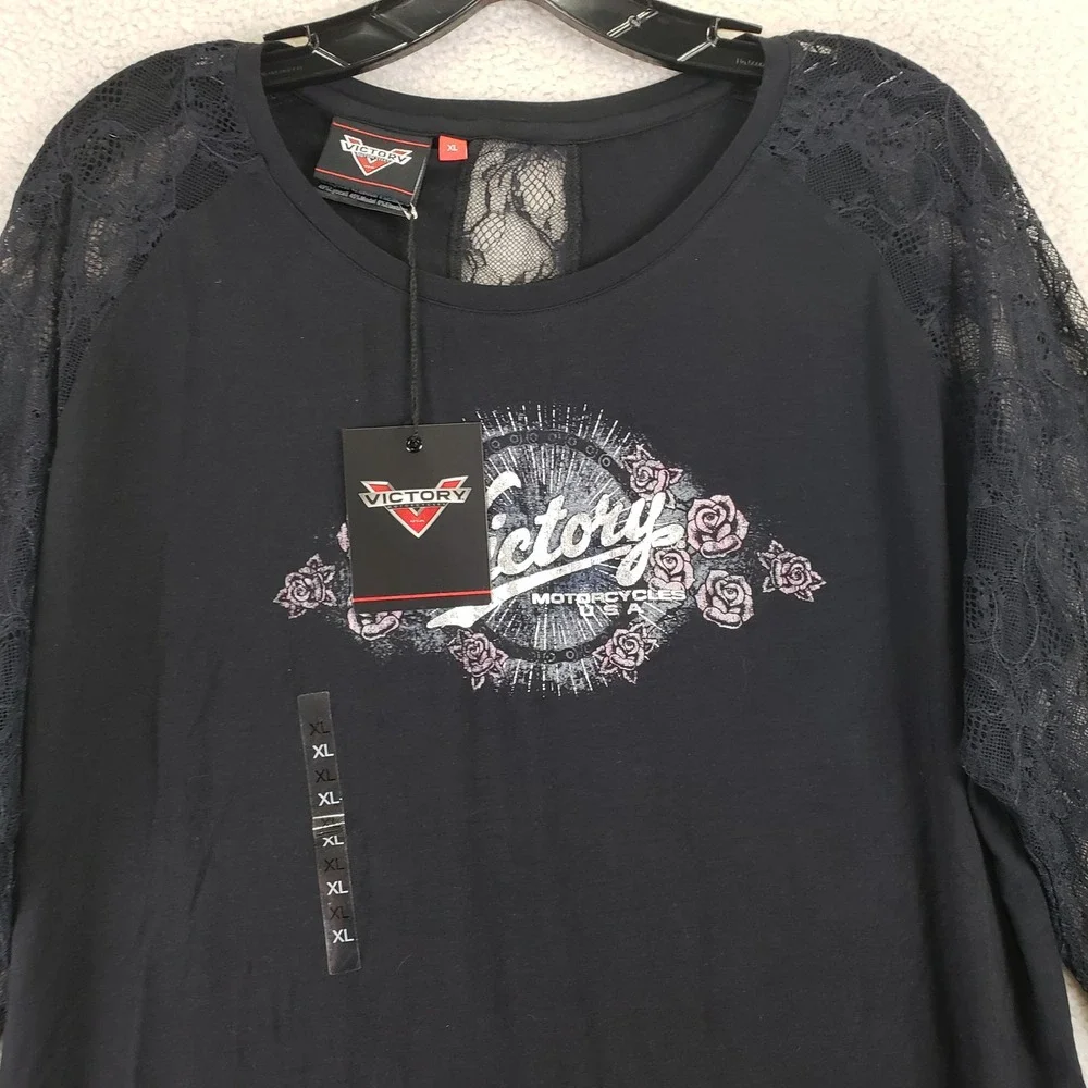 Victory Motorcycles Tee Women XL Black Lace Sleeve Biker Edgy Graphic Shirt